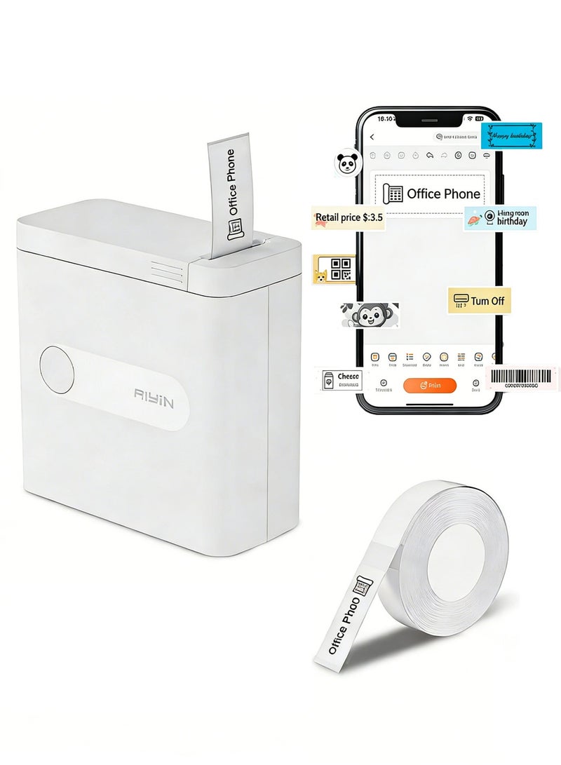 آيين طابعة ملصقات محمولة بتقنية البلوتوث، طابعة ملصقات حرارية صغيرة مطورة مع تطبيق وقوالب جاهزة | عرض طباعة 15 مم لتنظيم المنزل والمطبخ والمكتب | تتضمن لفة واحدة (125 ورقة) من ورق الملصقات الأبيض مقاس 15*40 مم - Image 1